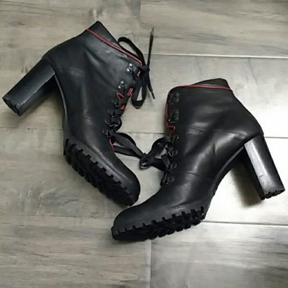 Coach lucia black red trim leather laceup ankle - Picture 1 of 8